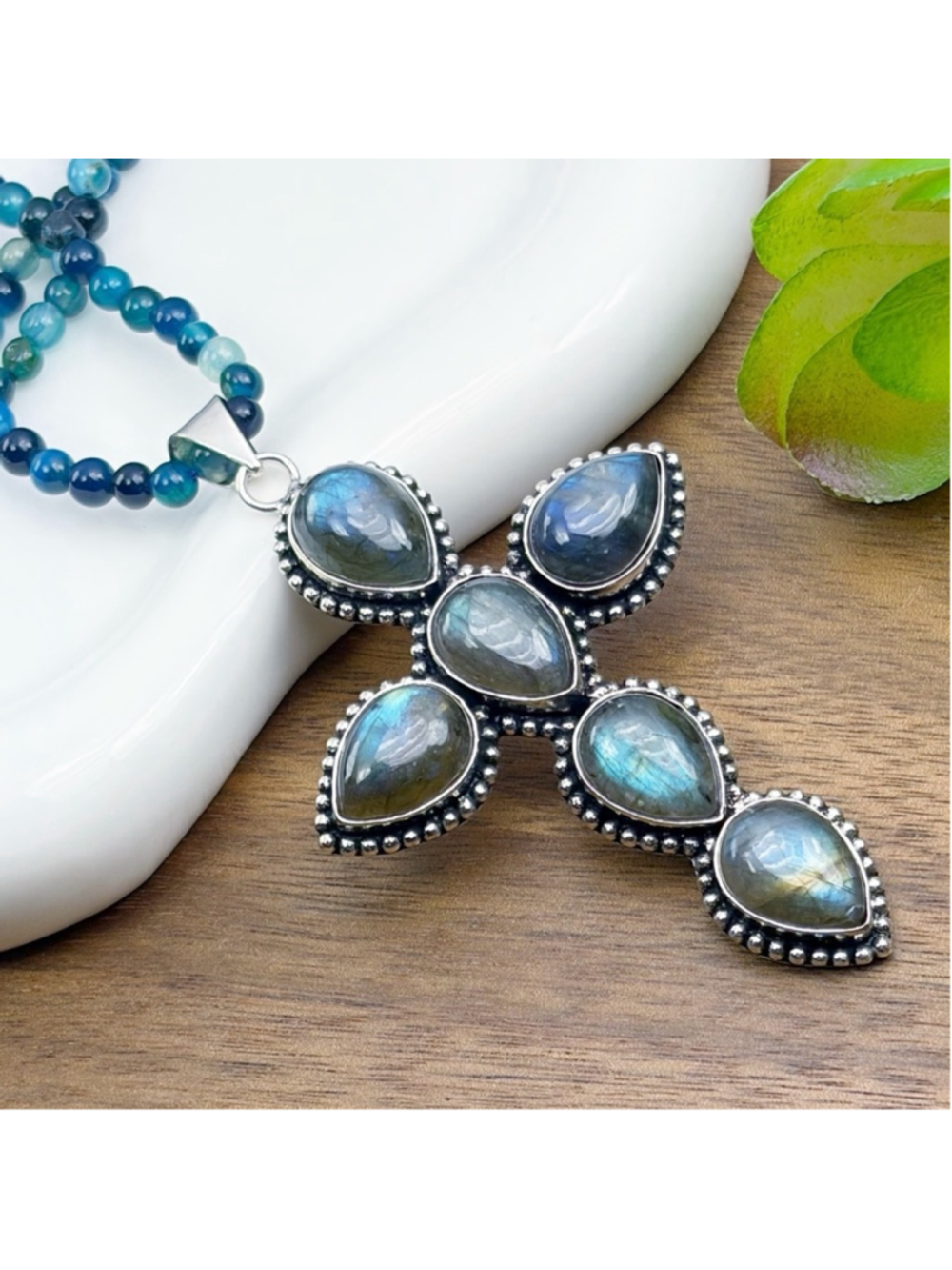 XL Flash Labradorite Cross Pendant Necklace Southwest Boho Vintage Style 925 - Picture 2 of 5